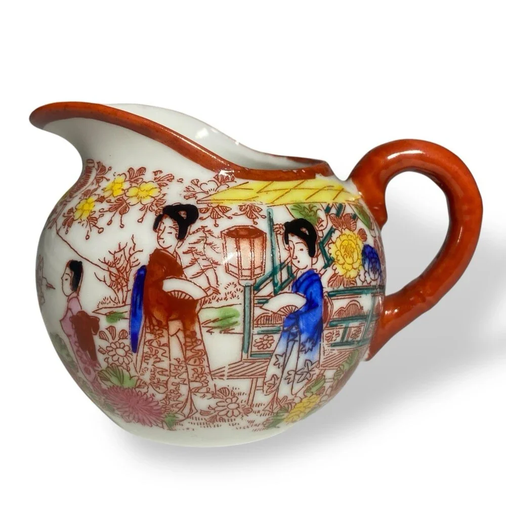 Antique Japanese Kutani Porcelain Tea Set Teapot Sugar Bowl Creamer Floral